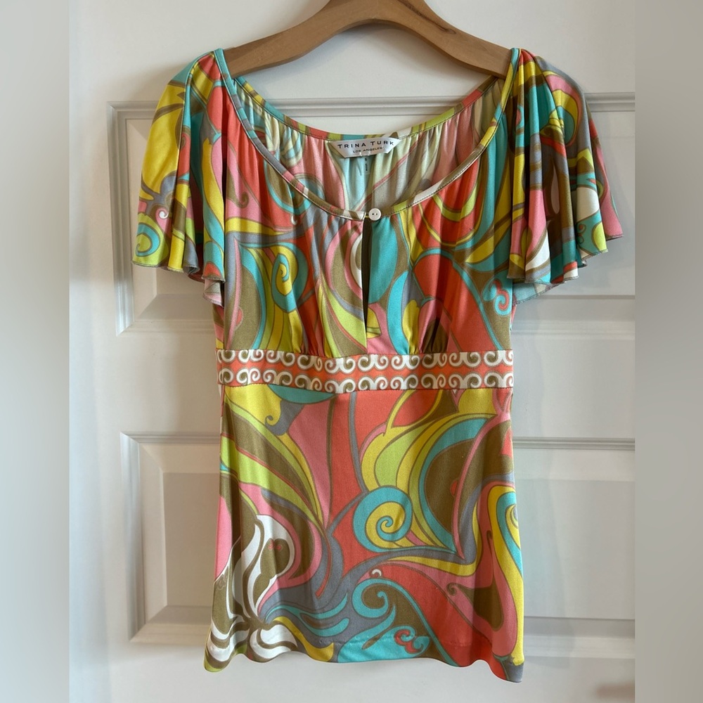 Trina Turk Boho Top Colorful Sz Small 100% Silk Babydoll